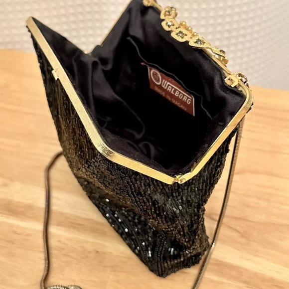 Vintage Walborg Black Beaded Evening Bag Clutch Purse Chain Strap Made in Macau - Picture 12 of 16